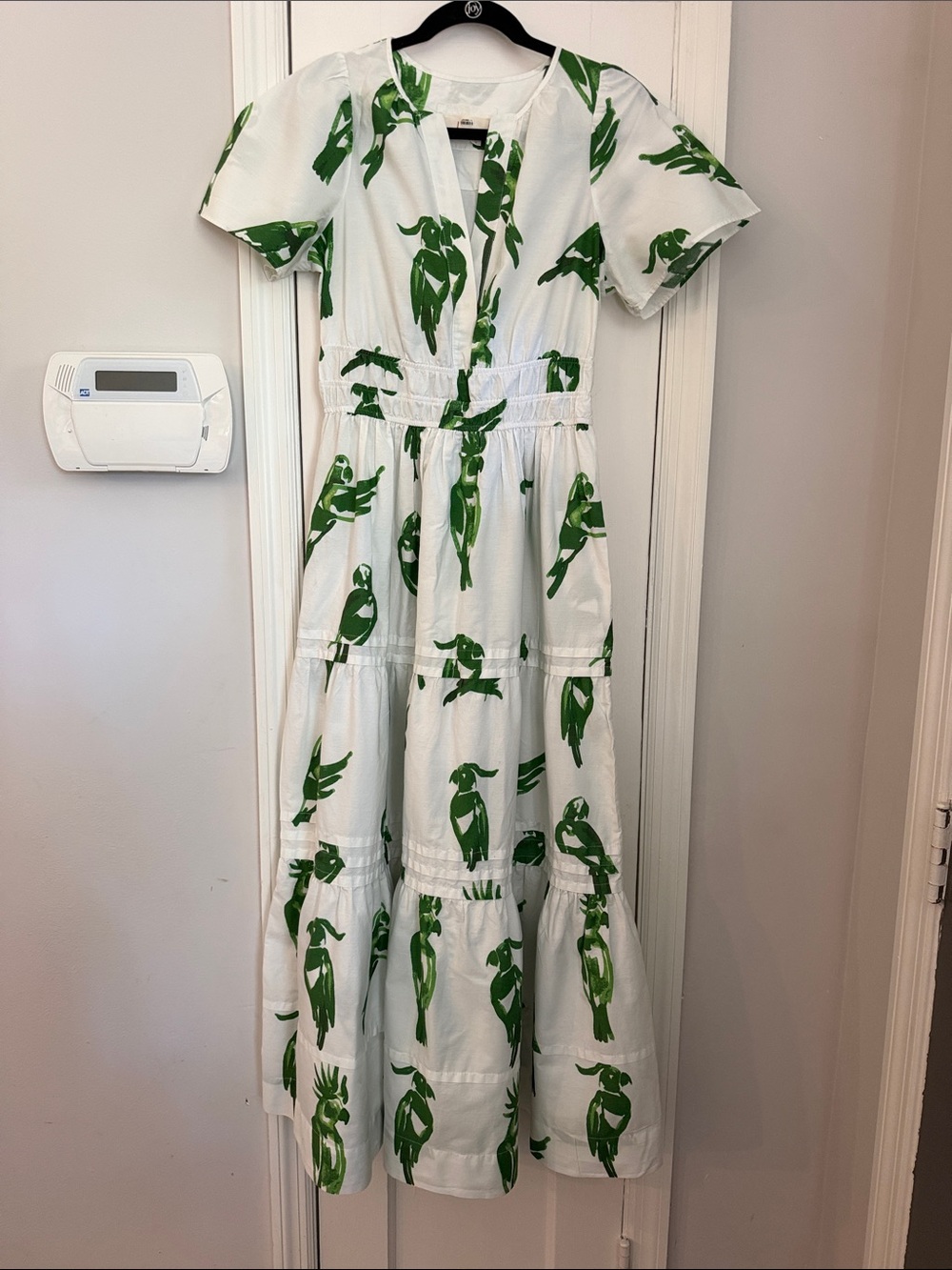 Anthropologie White Maxi Dress with Green Tropical Print